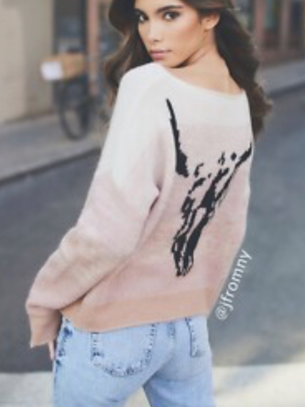 Skull Cashmere Crewneck Sweater in Light Blue, Gray & Cream with Graphic - Picture 14 of 15